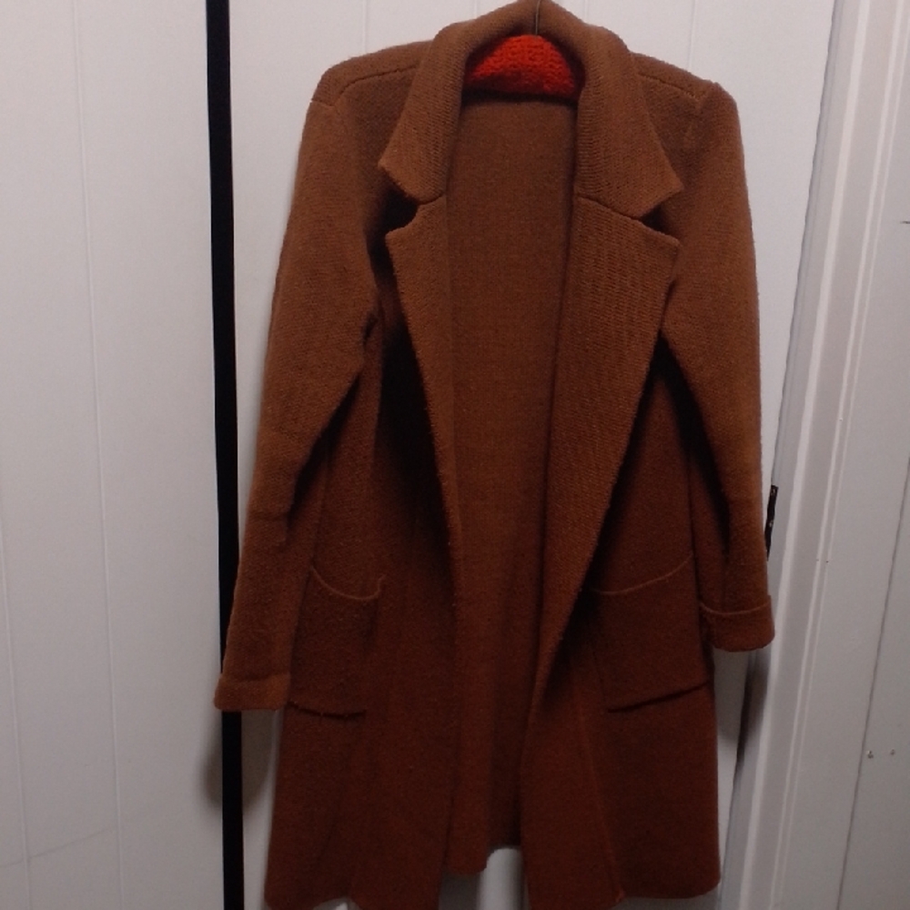 Long Chocolate Brown Knit Cardigan Jacket Sweater Monteau Los Angeles
